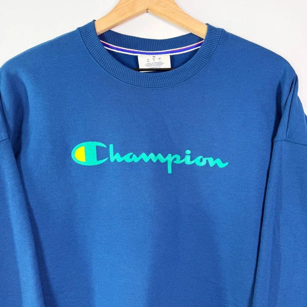 Champion Crewneck Sweatshirt Blue Green Logo Fleece‎ GF535 Mens Medium
